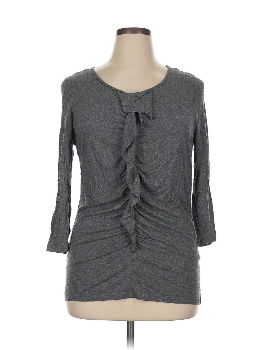 Talbots top-dark gray knit fabric with a distinctive ruched ruffle detail